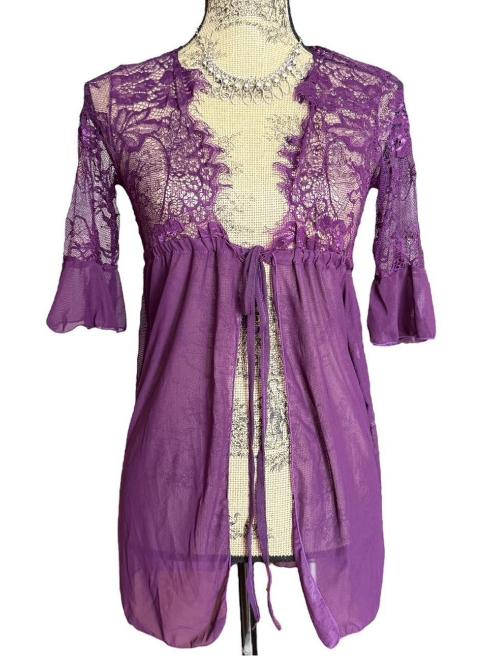 Avid Love Purple Lace Sheer Robe Tie-Front Chemise Size S